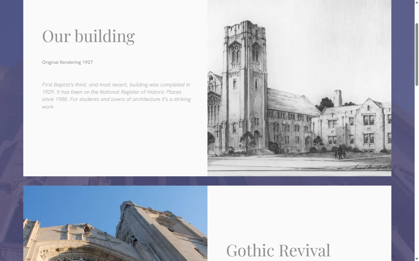 The architecture page covering First Baptist Muncie's historic building