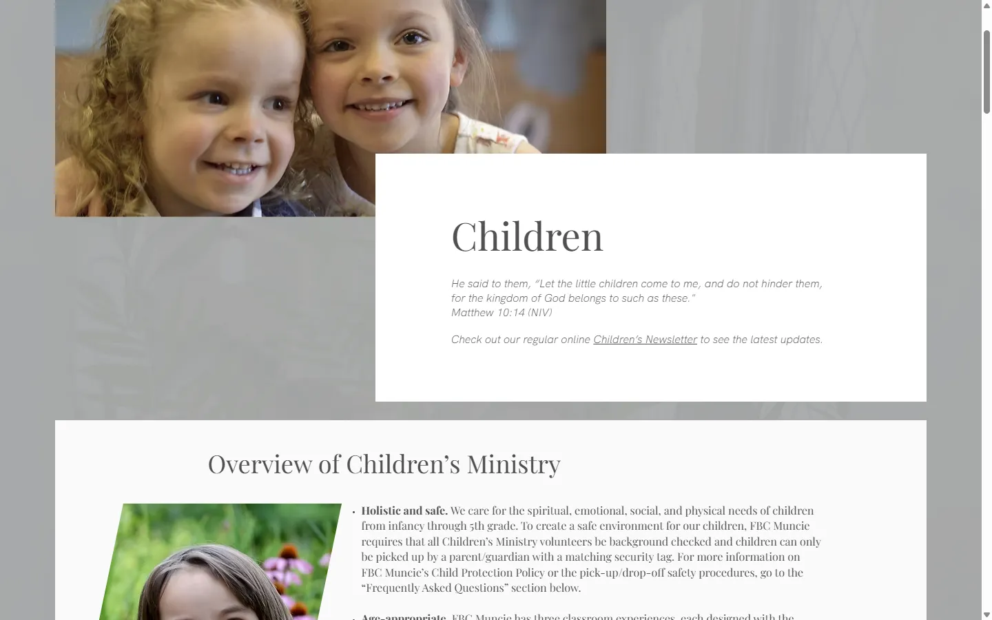 The children's ministry page on the First Baptist Muncie site