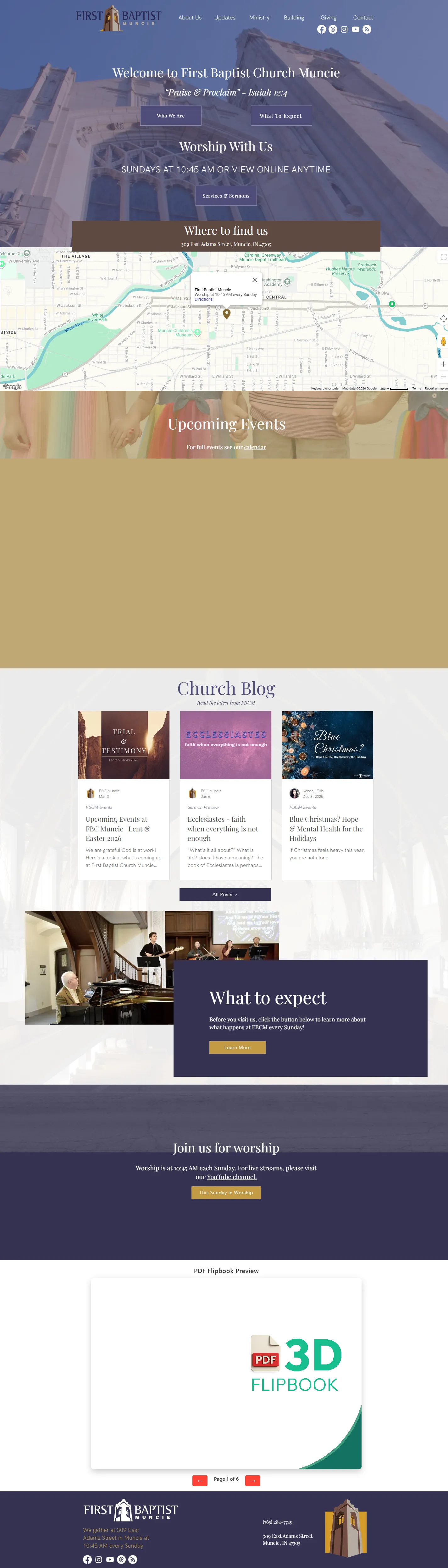 The First Baptist Church Muncie homepage, scrolling top to bottom