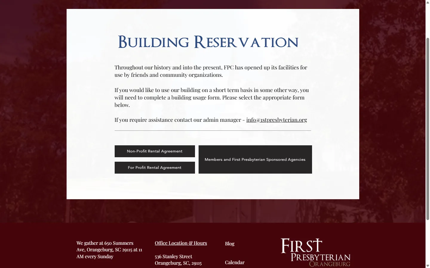 The building reservation page on the First Presbyterian Orangeburg site