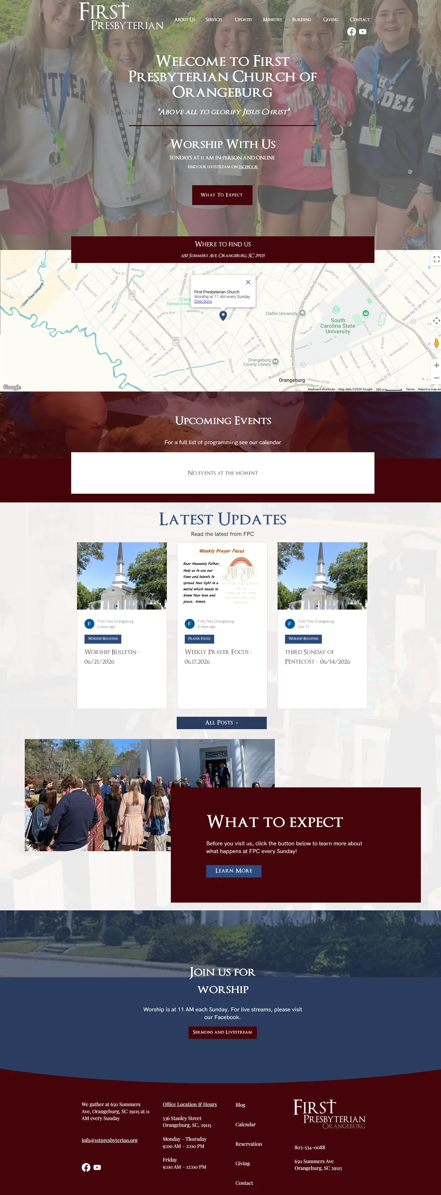 The First Presbyterian Church of Orangeburg homepage, scrolling top to bottom