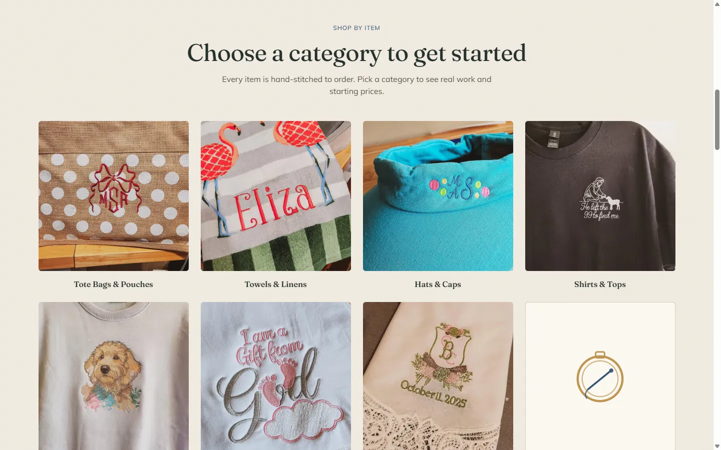 The Shop by Item grid on the new MAS Monograms site, showing real embroidery photos per category