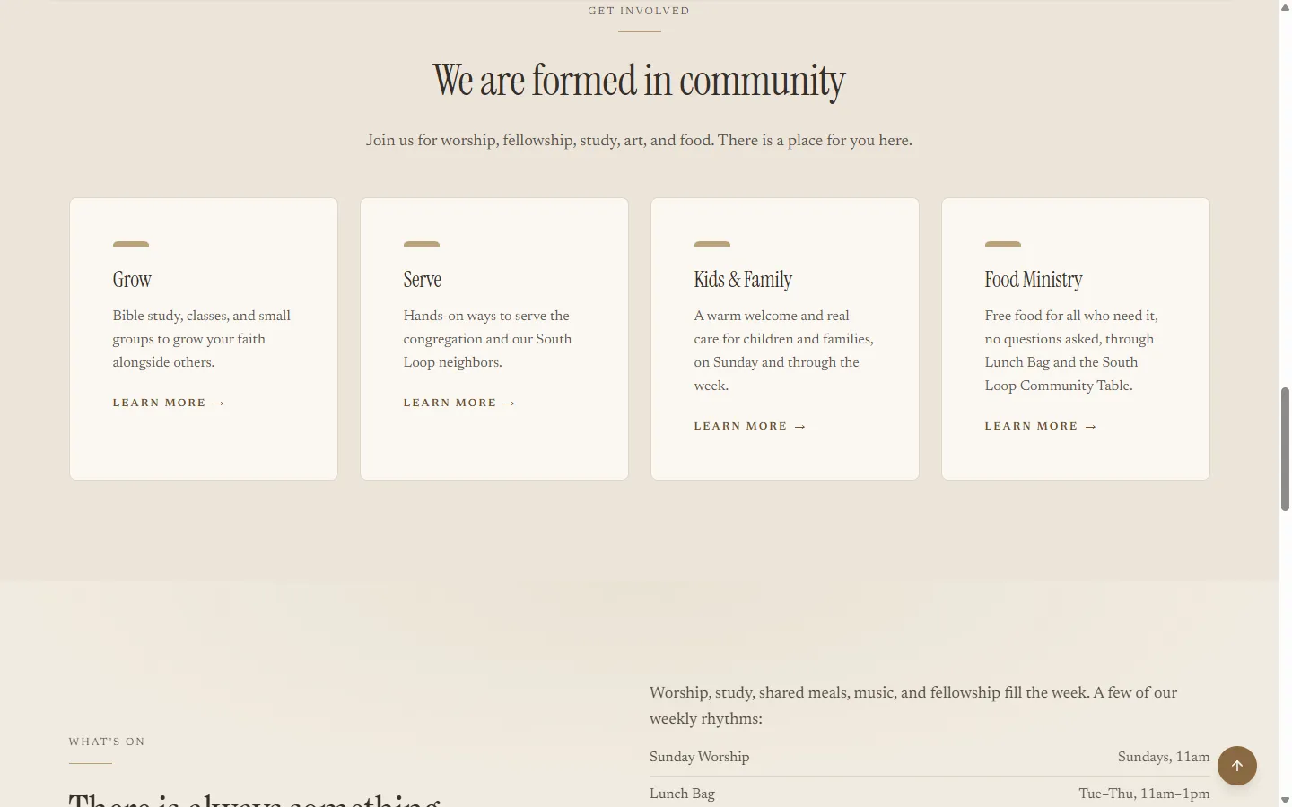 The Get Involved section with its four ministry tracks