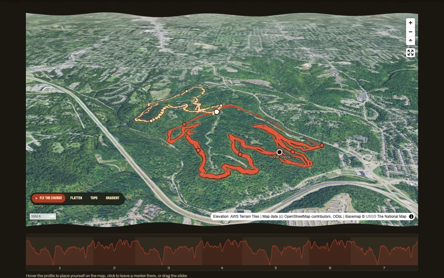 The rebuilt course map: the seven loops drawn in orange over 3D satellite terrain of Mt. Airy Forest, with fly, flatten, topo and gradient controls and an elevation profile below