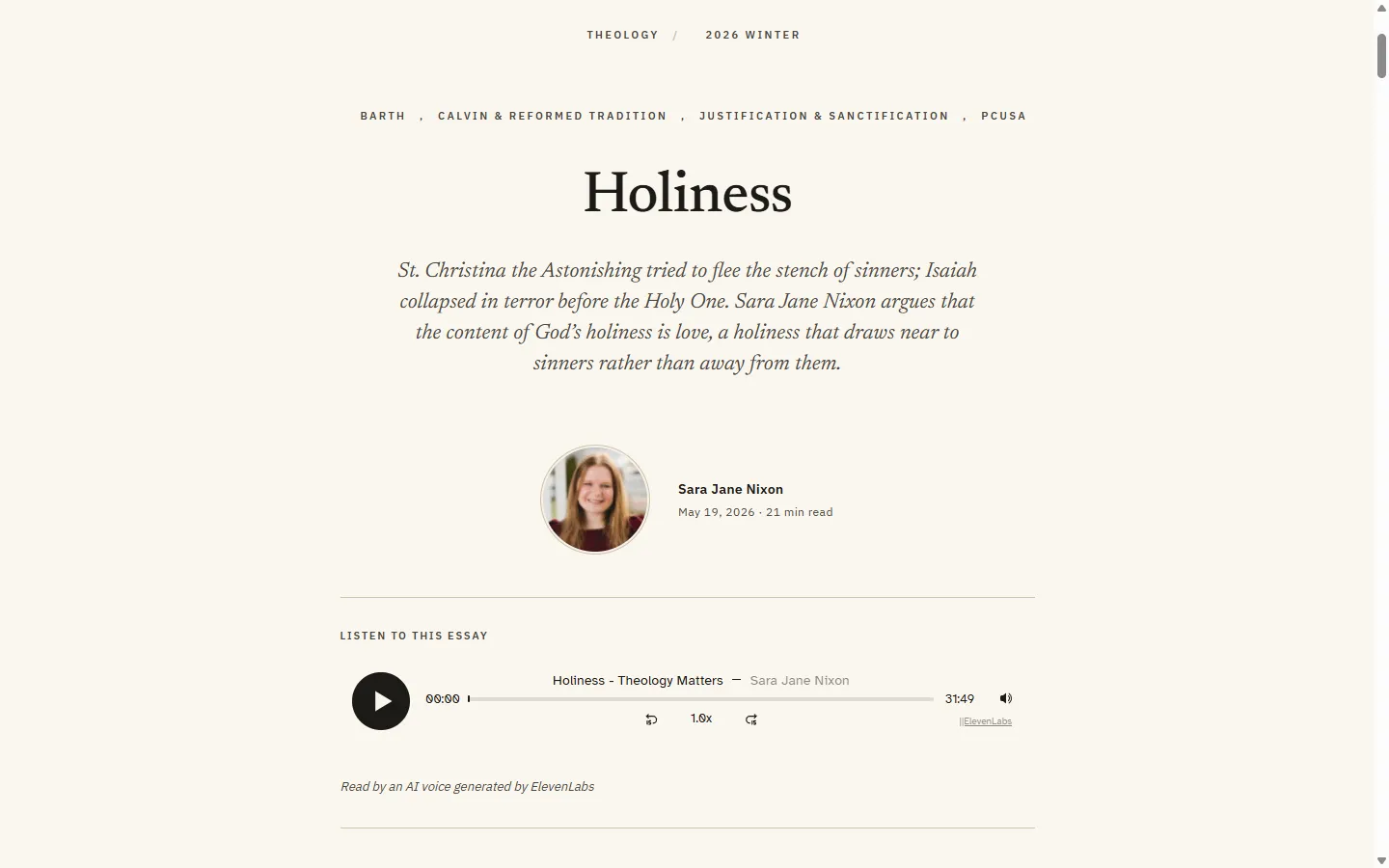 A Theology Matters article with its audio player